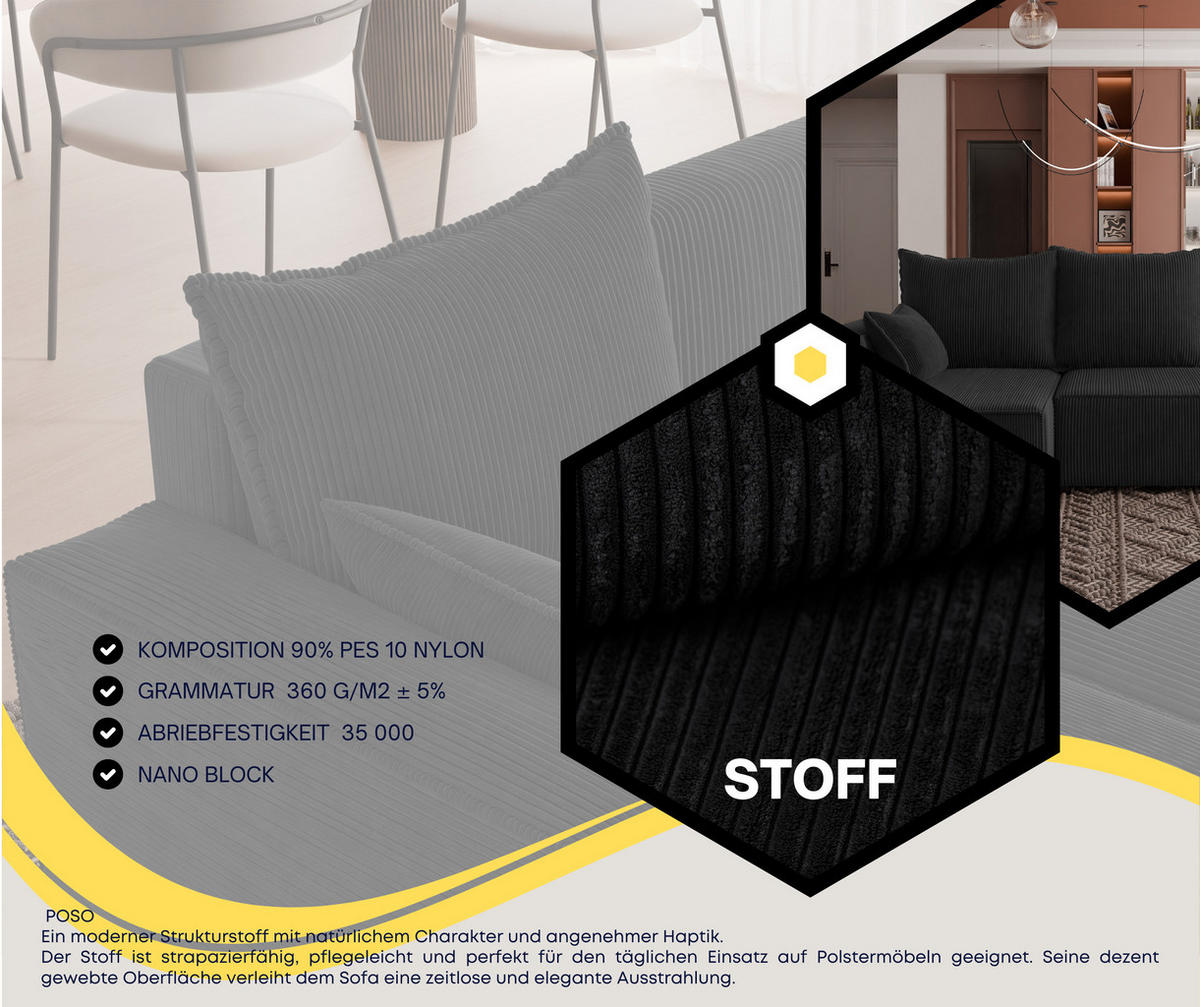 ECKSOFA Tobi mit Bettkasten und Schlaffunktion, L-Form, Cordstoff, Universal - Schwarz, Holzwerkstoff (246/145cm) - 4ALL HOME