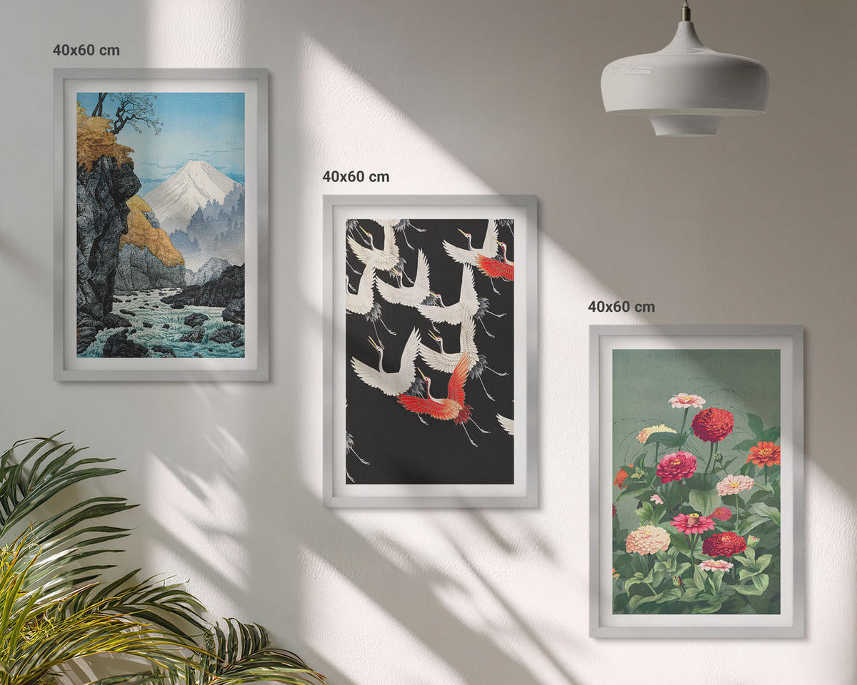 WANDBILDER 3er Set - 40x60 cm Silberner Rahmen - Berge, Wasserfälle, Vögel, Blumen - Silberfarben, Kunststoff (40/60cm) - ArtPrintCave