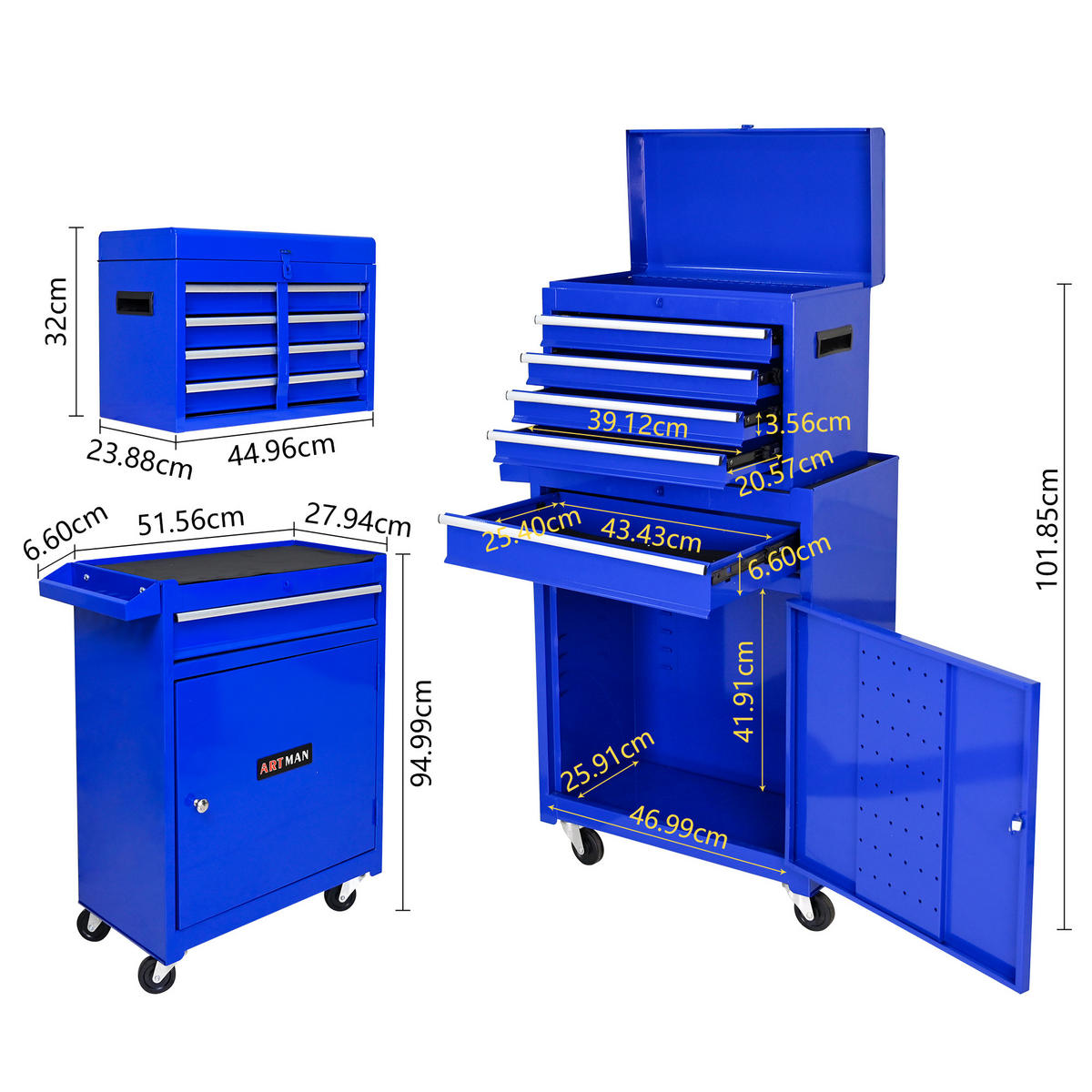 KOMBINATIONSWAGEN – Ausgestattet mit fünf Schubladen, feststellbaren Rollen und rutschfesten Schubladeneinlagen (Blau) - Blau, Metall (28/102/58.5cm) - DCA