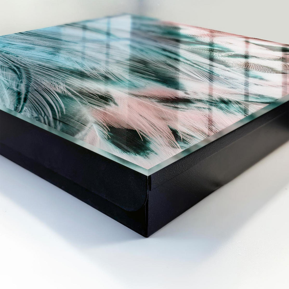 SCHLÜSSELBOX Schwarz 30x30 cm- Türöffnung nach rechts - Pastellfarbene Federn - Hellblau, Metall (30/30/5cm) - TULUP