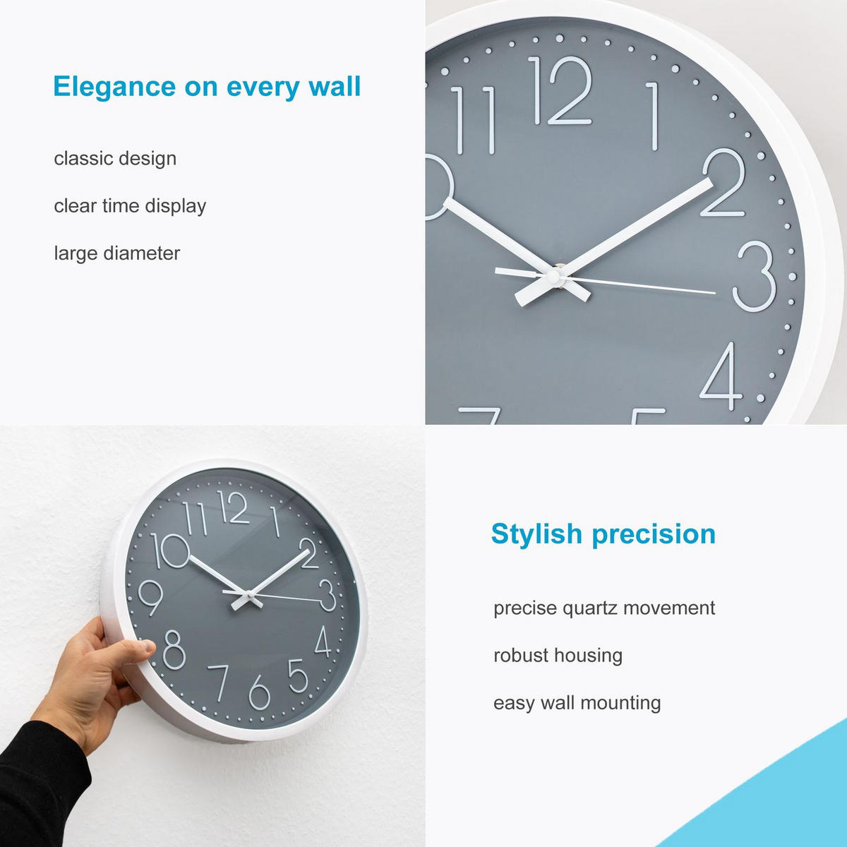WANDUHR 30.5 cm - Grau, Kunststoff (30.5/30.5/4.5cm) - Intirilife