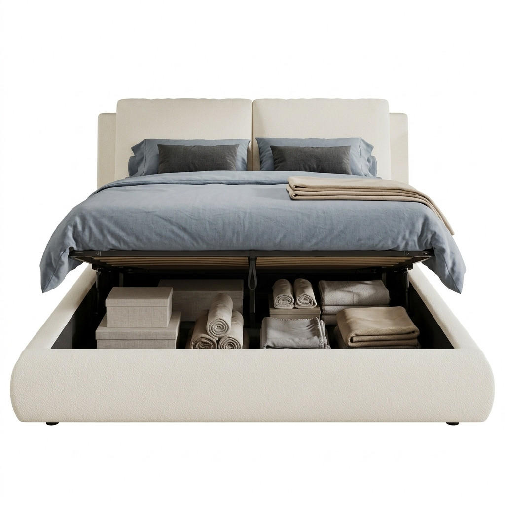POLSTERBETT 160/200 cm in Beige mit Bettkasten, gepolstertem Kopfteil und Lattenrost Bouclé - Beige, Holzwerkstoff/Textil - STILVORA