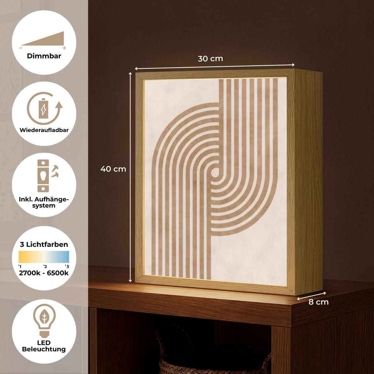 NÁSTĚNNÁ LAMPA S AKUMULÁTOREM Symetrický ohyb - měděná barva 30x40 cm - béžová, kompozitní dřevo (30/40/8cm) - OnlyWow