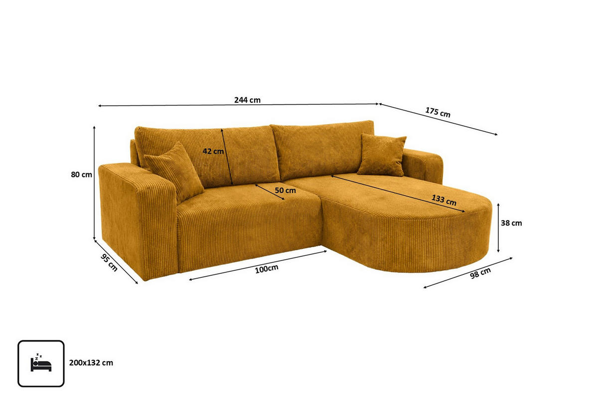 ECKSOFA Mit Schlaffunktion, Cordstoff Poso, Senffarbe, Rechts, ROUND ONE - Gelb, Holz (244/175cm) - Kaiser Möbel