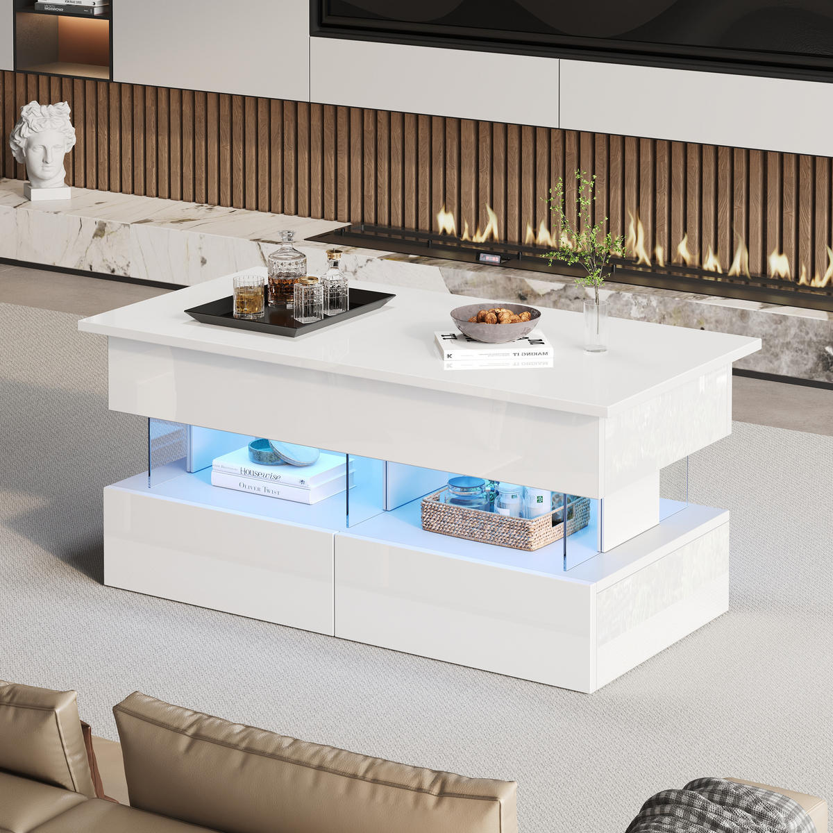 COUCHTISCH 100x50x46 cm Weiß LED Lift 2 Schubladen Stauraum - Weiß, Holzwerkstoff (100/50/46cm)