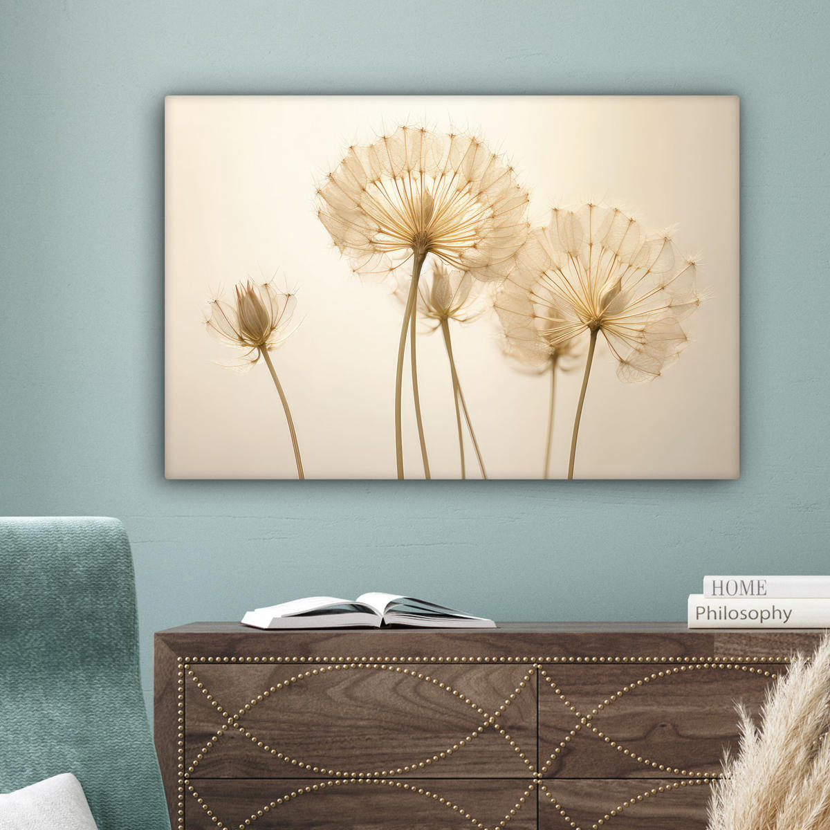 LEINWANDBILD Sonnenlicht - Löwenzahn - Botanisch - Blumen Gemälde 60x40 cm - Creme, Textil (60/40cm) - MuchoWow