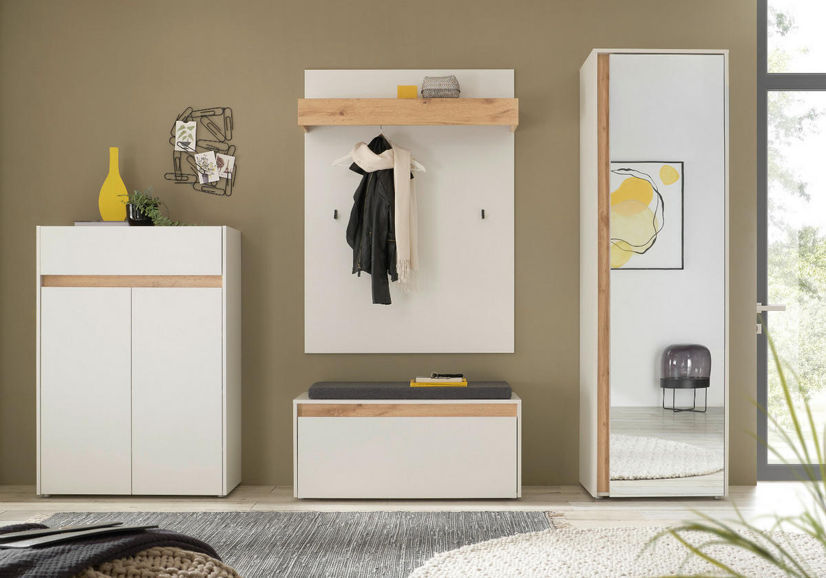 SCHUHSCHRANK weiß matt, Eiche Wotan, Flurkommode 85 x 122 cm - Eiche Wotan/Schwarz, Holzwerkstoff/Kunststoff (85/122/122cm) - Furn.Design