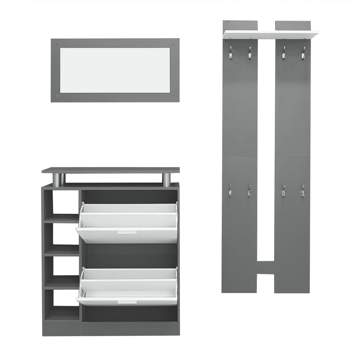 GARDEROBEN-SET DE-37970 80/25/96,5 cm mit Spiegel und Schuhschrank Grau - Grau, Holzwerkstoff (80/96.5/25cm) - ComfortXL