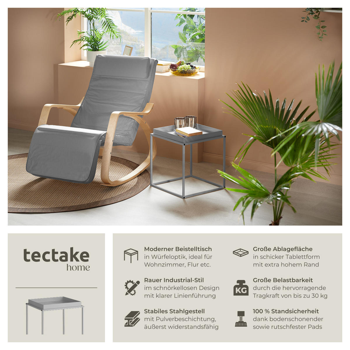 BEISTELLTISCH Cambridge,40 x 40 x 44 cm,grau - Grau, Metall (40/40/44cm) - tectake