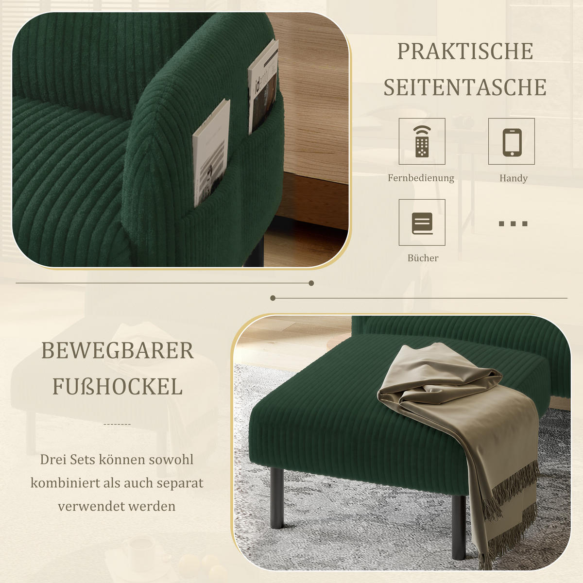 2-SITZER-SOFA Stoffcouch mit Seitentaschen,Cord,Grün - Grün, Textil (120/79/75cm) - LVHOM
