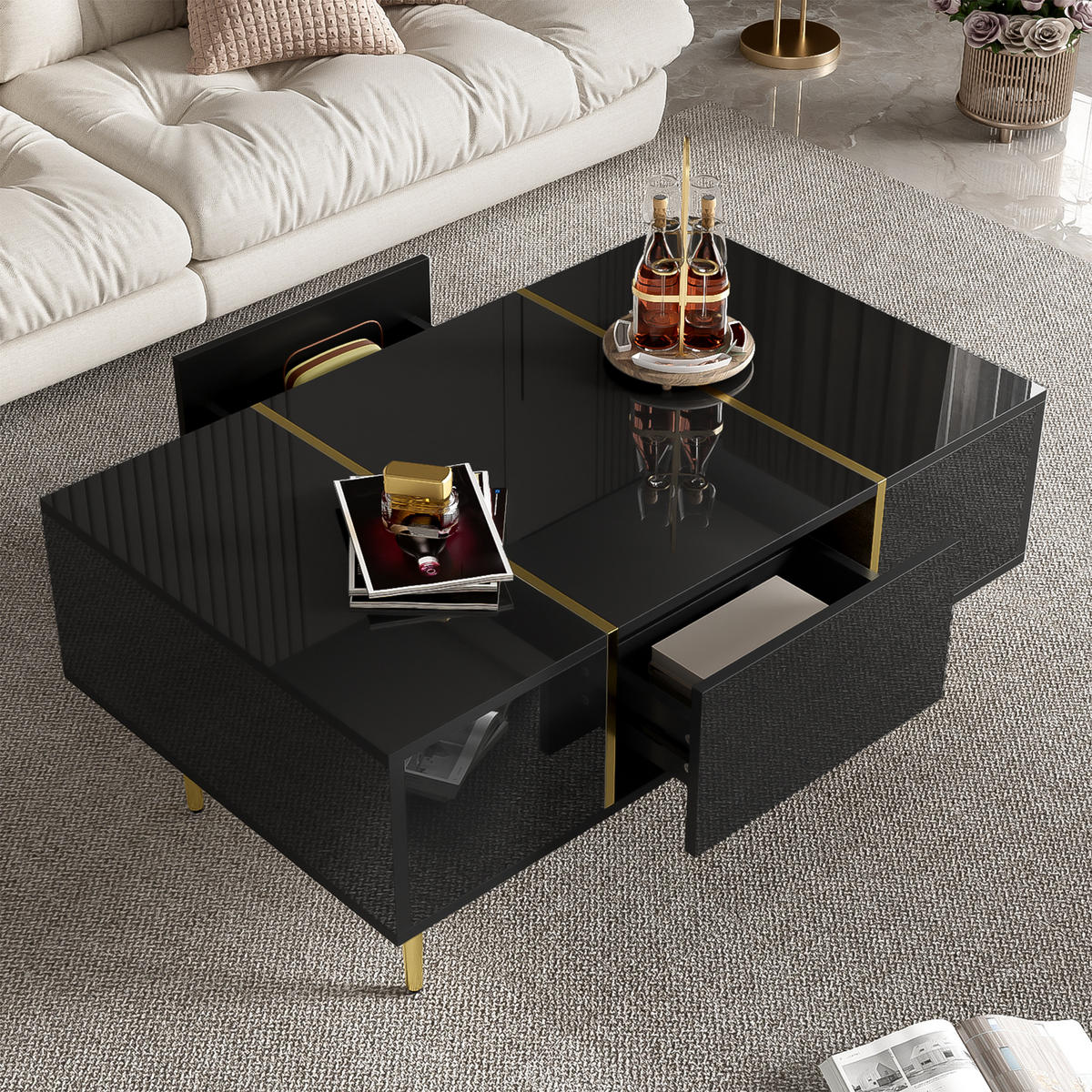 COUCHTISCH Schwarz Hochglanz - 100x60cm - 2 Schubladen - Schwarz, Holz (112.4/69.6/14.99cm) - Raelunyi