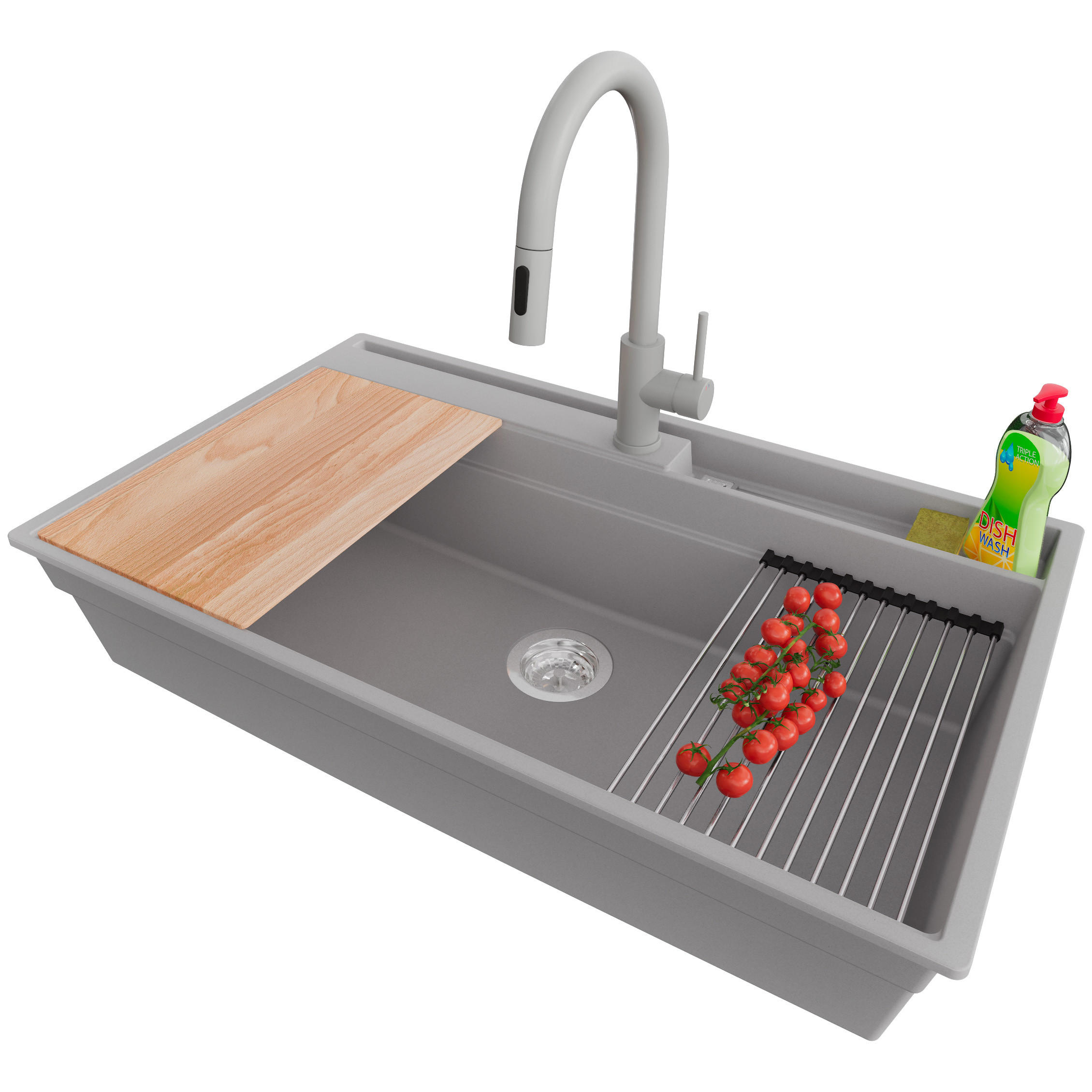 GRANITSPÜLE Oslo, 3-er set Grau 88/53 cm, 1 Becken + Küchenarmatur 40/20 cm + Ablauf-Set ab 90er Unterschrank - Chromfarben/Beige, Kunststoff (88/20/53cm) - Primagran