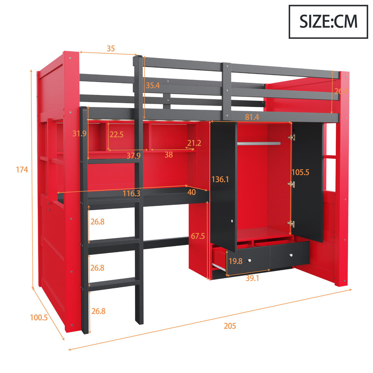 HOCHBETT 90x200cm Gaming Schreibtisch Schrank Stauraum Rot - Multicolor, Holz (90/200cm) - FLIEKS