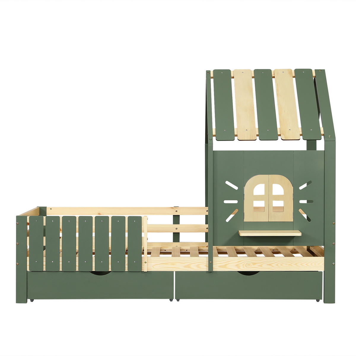 KINDERBETT Hausbett 90x200 cm mit 2 Schubladen Grün Natur - Grün, Holz (90/200cm) - Meubliv