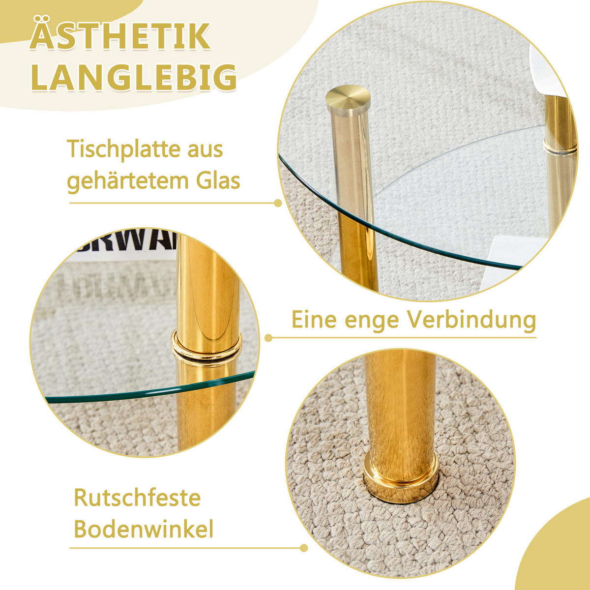 COUCHTISCH 70/60/42 cm aus Glas und Metall in Gold mit 2 Ablagen - Goldfarben, Glas (70/70/42cm) - Flora Grace
