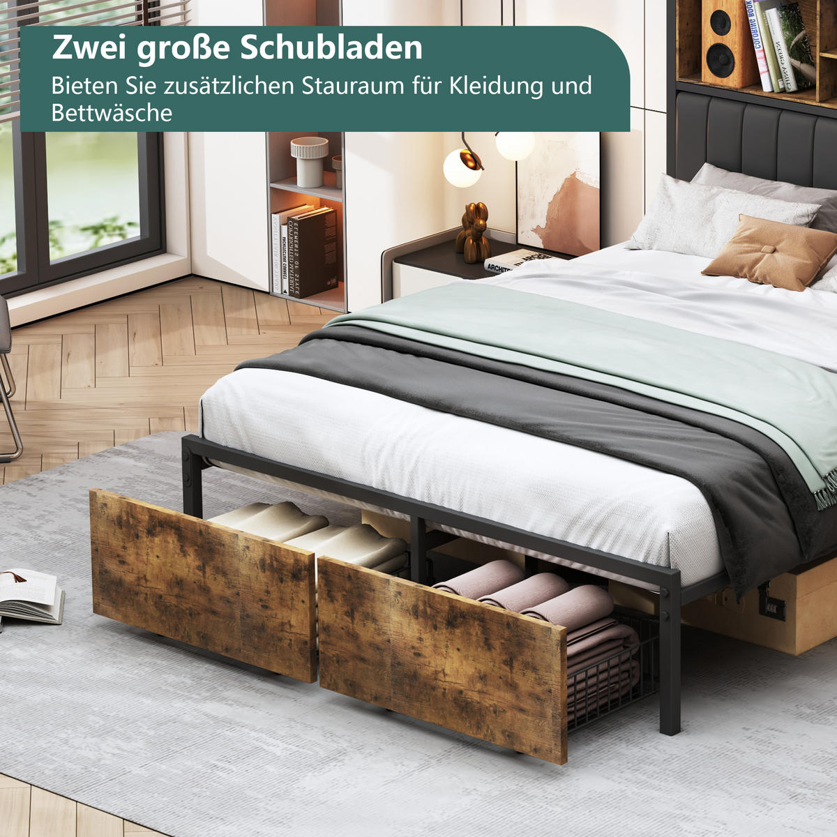 POLSTERBETT 140x200 cm, Schwarz, mit Schubladen, LED-Beleuchtung, USB - Schwarz, Textil/Metall (160/200cm)