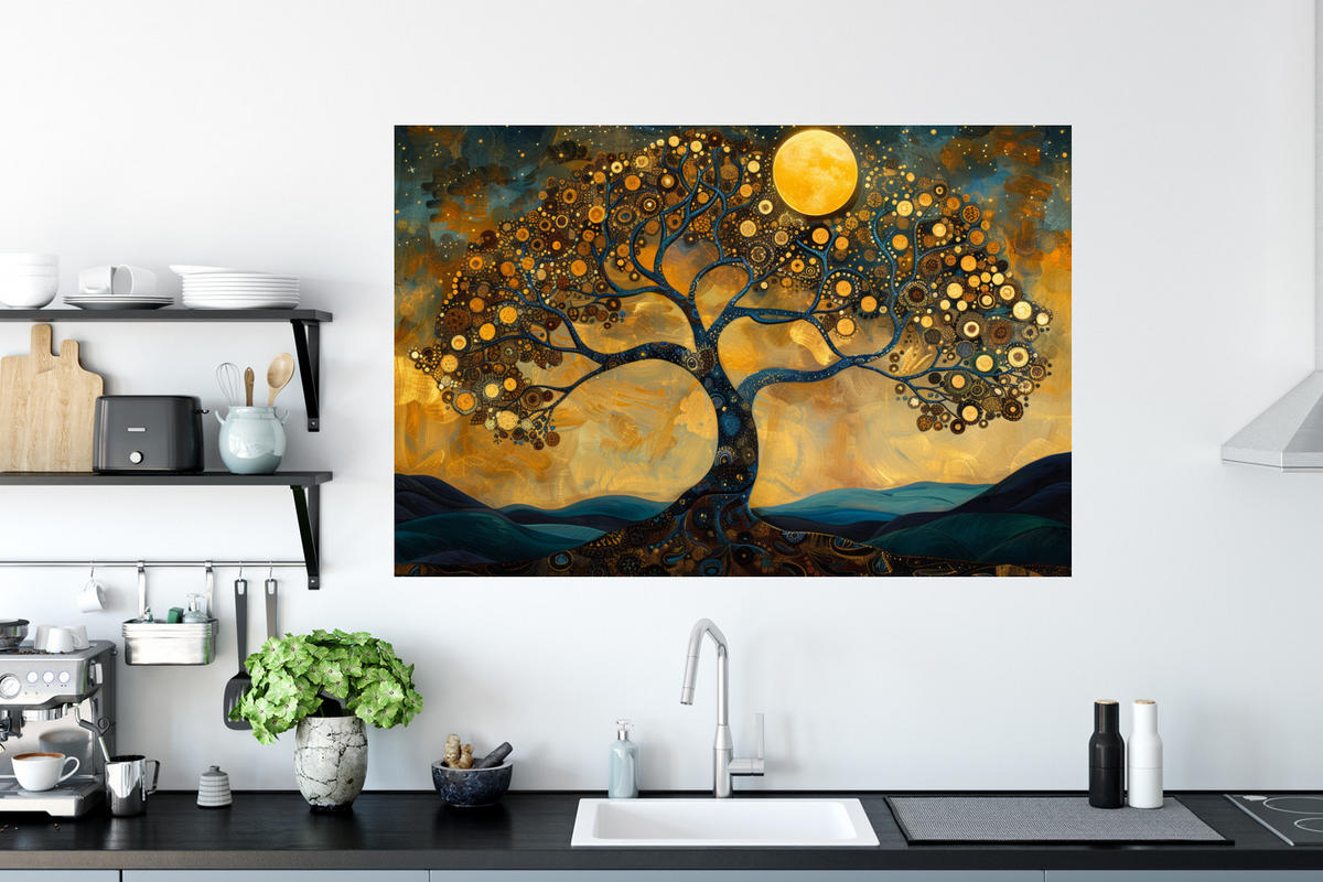 WANDTATTOO Baum - Mond - Blumen - Gold - Kunst 120x80 cm - Orange, Kunststoff (120/80/0.1cm) - MuchoWow