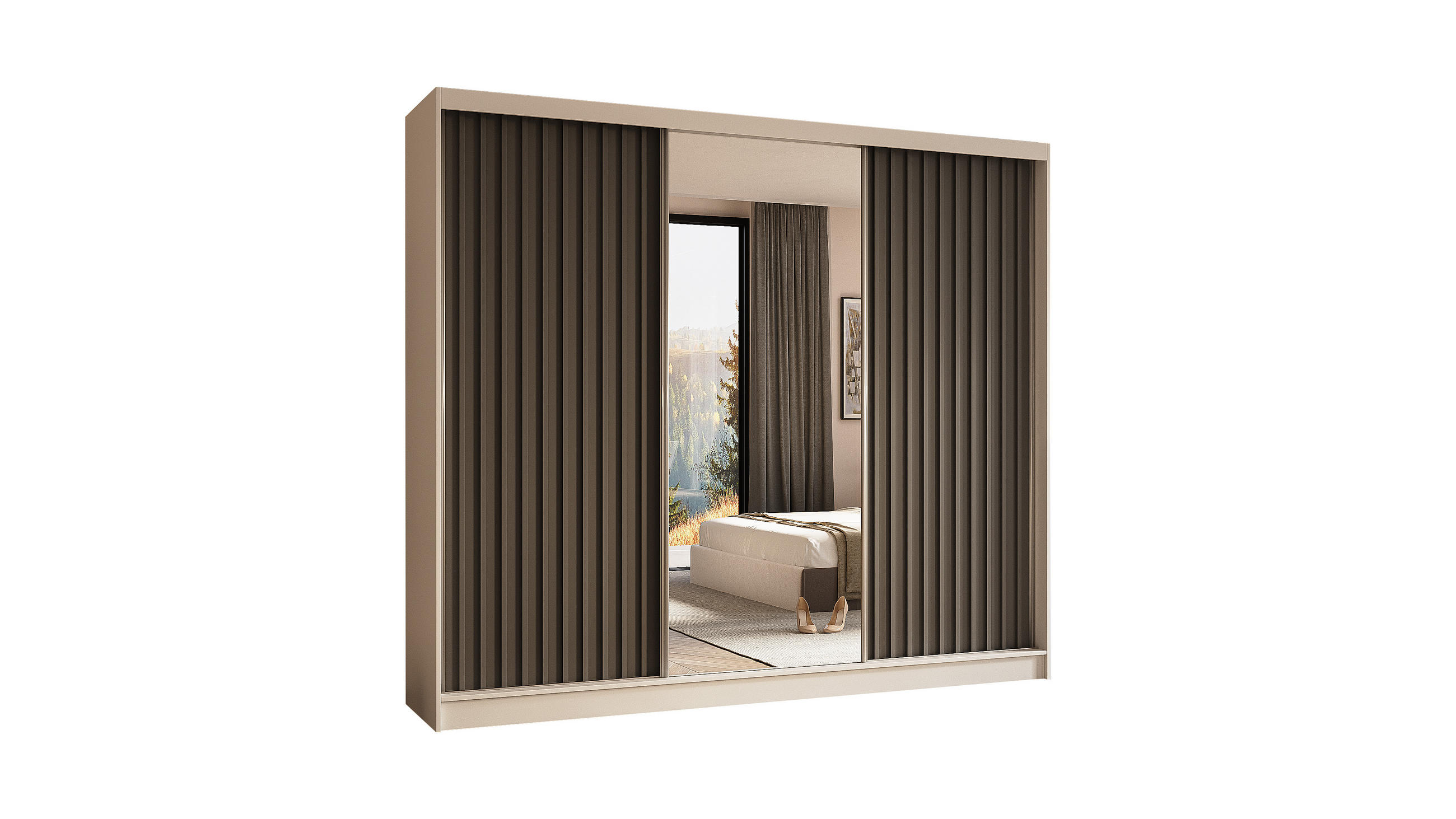 KLEIDERSCHRANK mit Spiegel-Schiebetüren und Aluminium-Leisten - LAMELO - 240 cm Weiß+Grau+Grau - Weiß/Grau, Holzwerkstoff (240/216/61cm) - ALTDECOR
