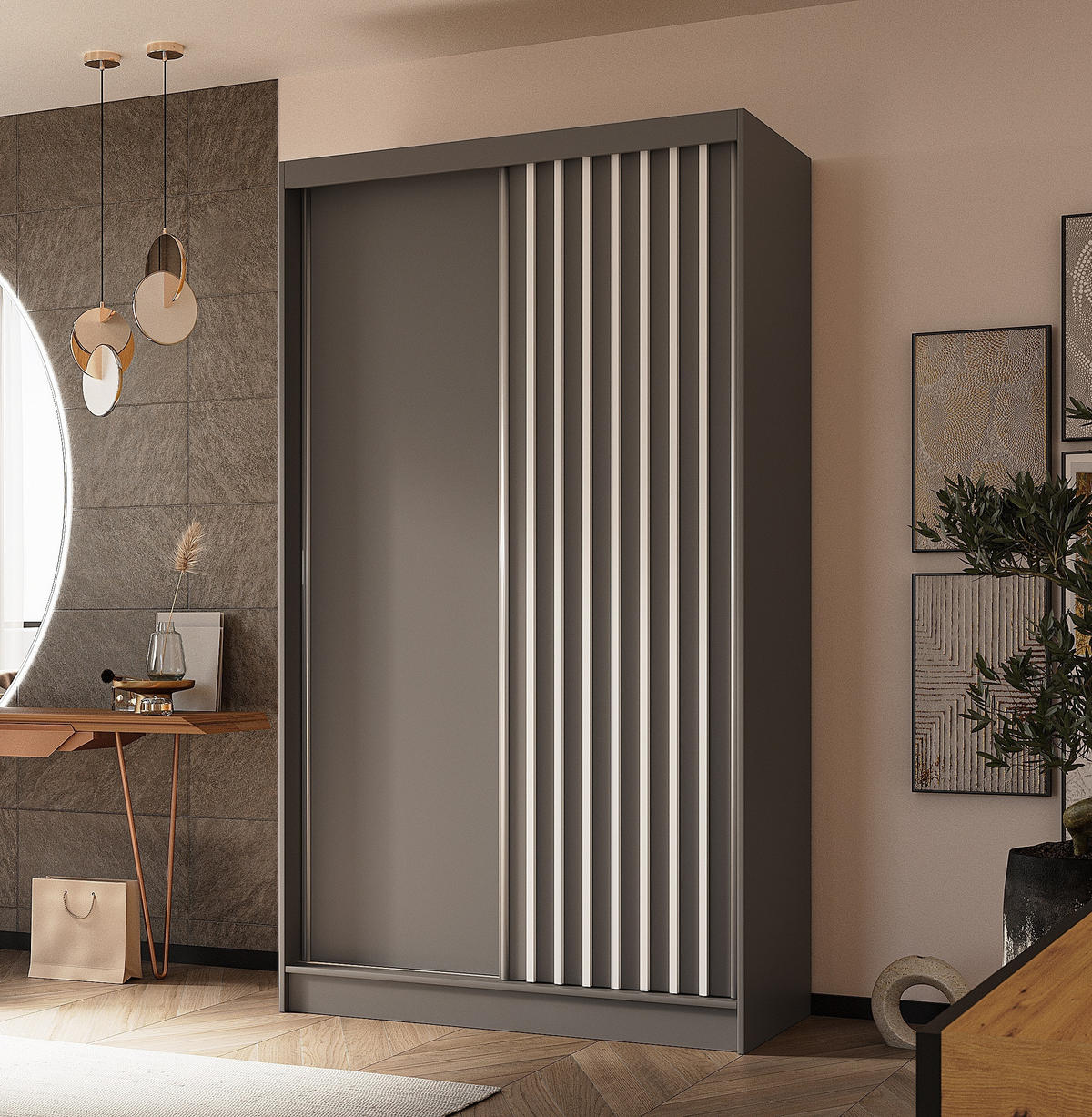 SCHWEBETÜRENSCHRANK Cabinio Grau Weiß 120/216/61 cm – Modern, mit Lamellen - Weiß/Grau, Holzwerkstoff/Kunststoff (120/216.1/61cm) - AX Living