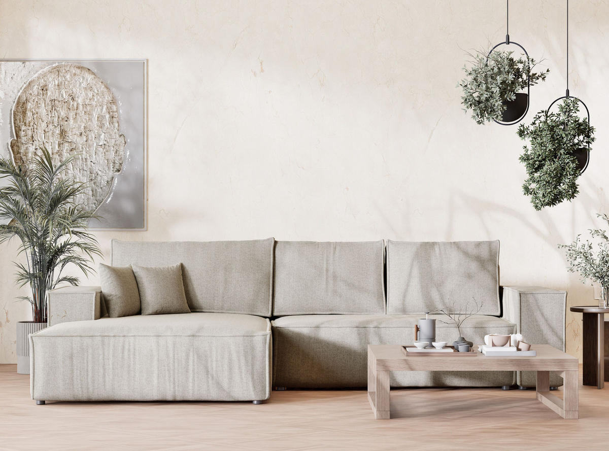 ECKSOFA Maze Beige Webstoff - Links Seite - Beige/Schwarz, Holz/Holzwerkstoff (185/294cm) - Maison de Reve