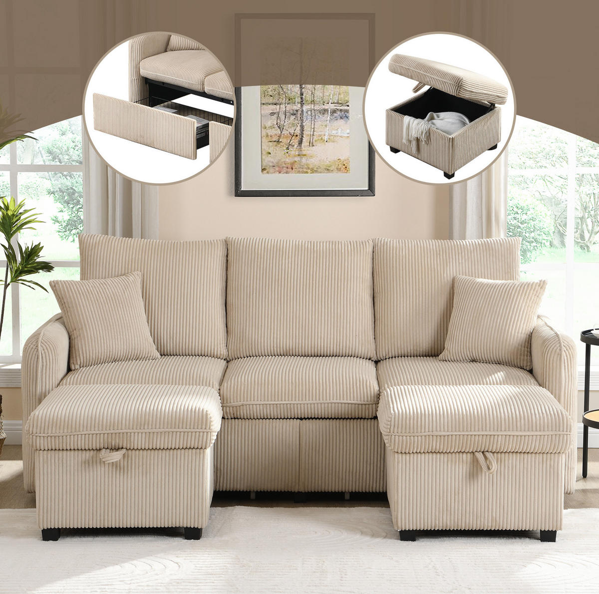 ECKSCHLAFSOFA 3-Sitzer Cord mit Stauraum und 2 Hocker Beige 188/186/86 cm - Beige, Textil (186/188cm) - Redom