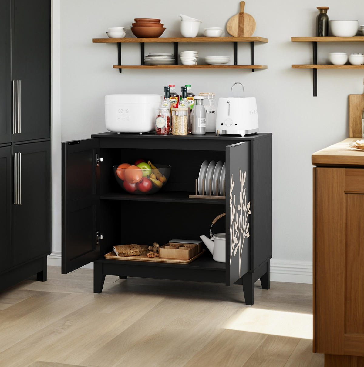 SIDEBOARD 80 cm in Schwarz mit 2 Türen und verstellbarem Einlegeboden - Schwarz, Holzwerkstoff (80/76/38cm) - Flora Grace