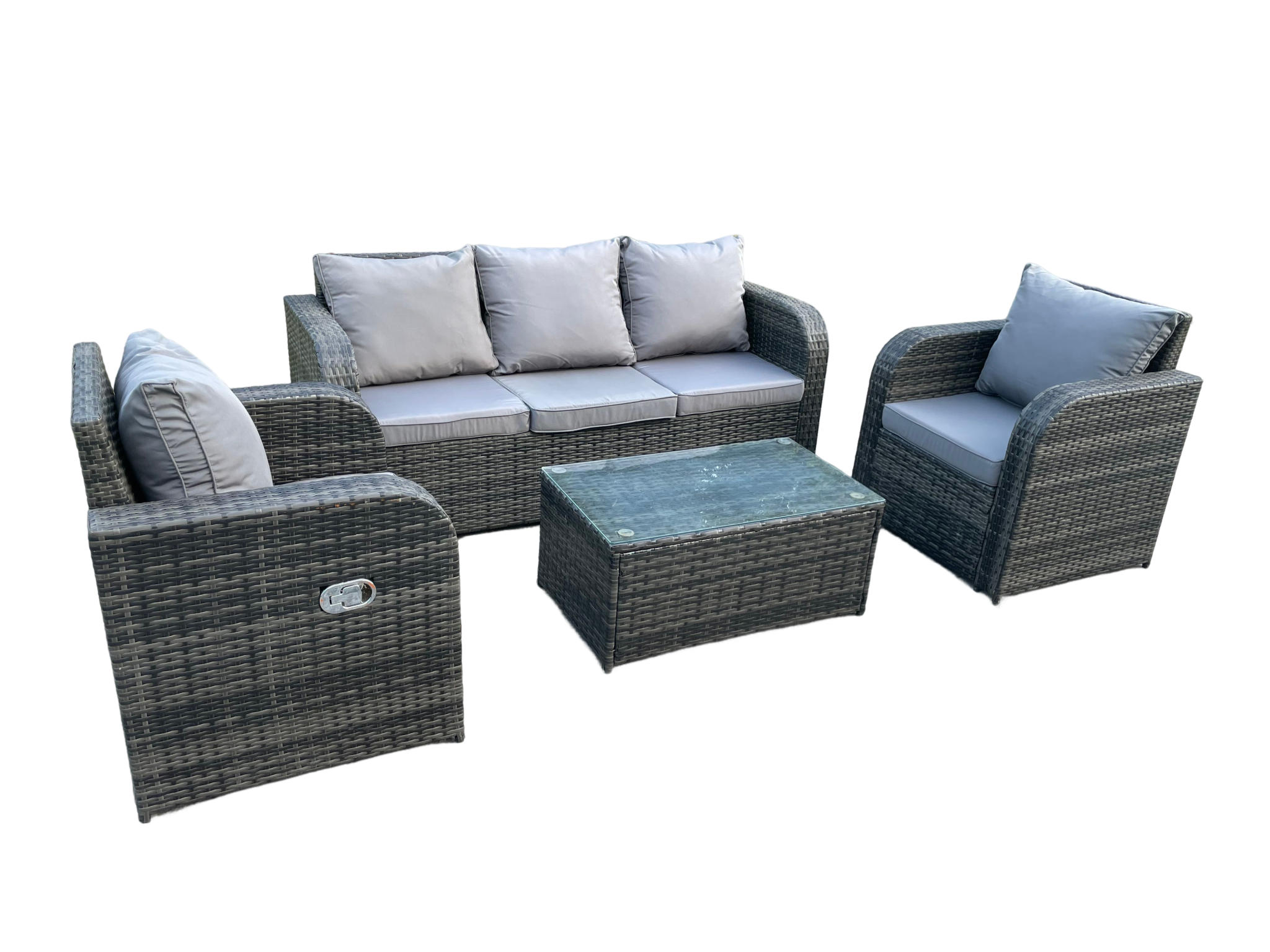 GARTENMÖBEL SET MIT LIEGESTUHL 3 SITZER SOFA Polyrattan 5-Sitzer - Dunkelgrau/Grau, Glas/Kunststoff - Fimous