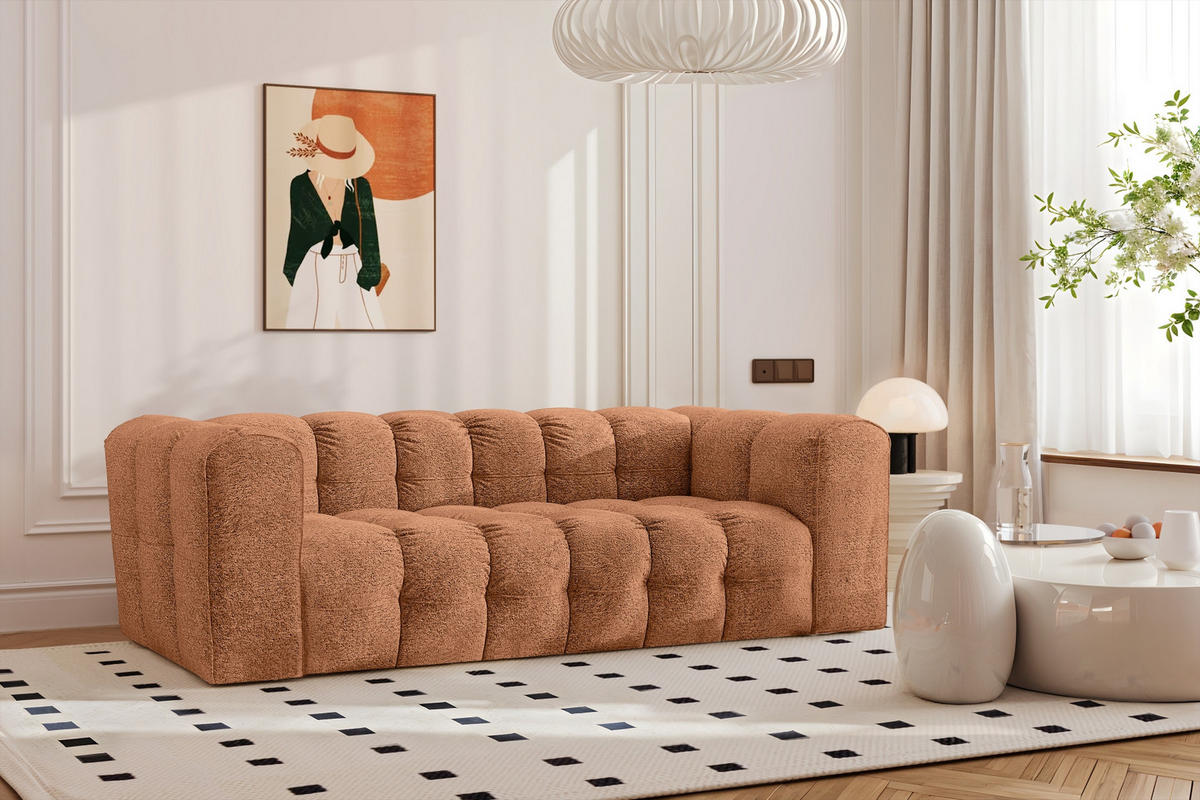SOFA 3-Sitzer, Komfort, BALOO, Stoff Schenille & Bouclé, Orange - Orange, Holz (222/75/106cm) - Kaiser Möbel