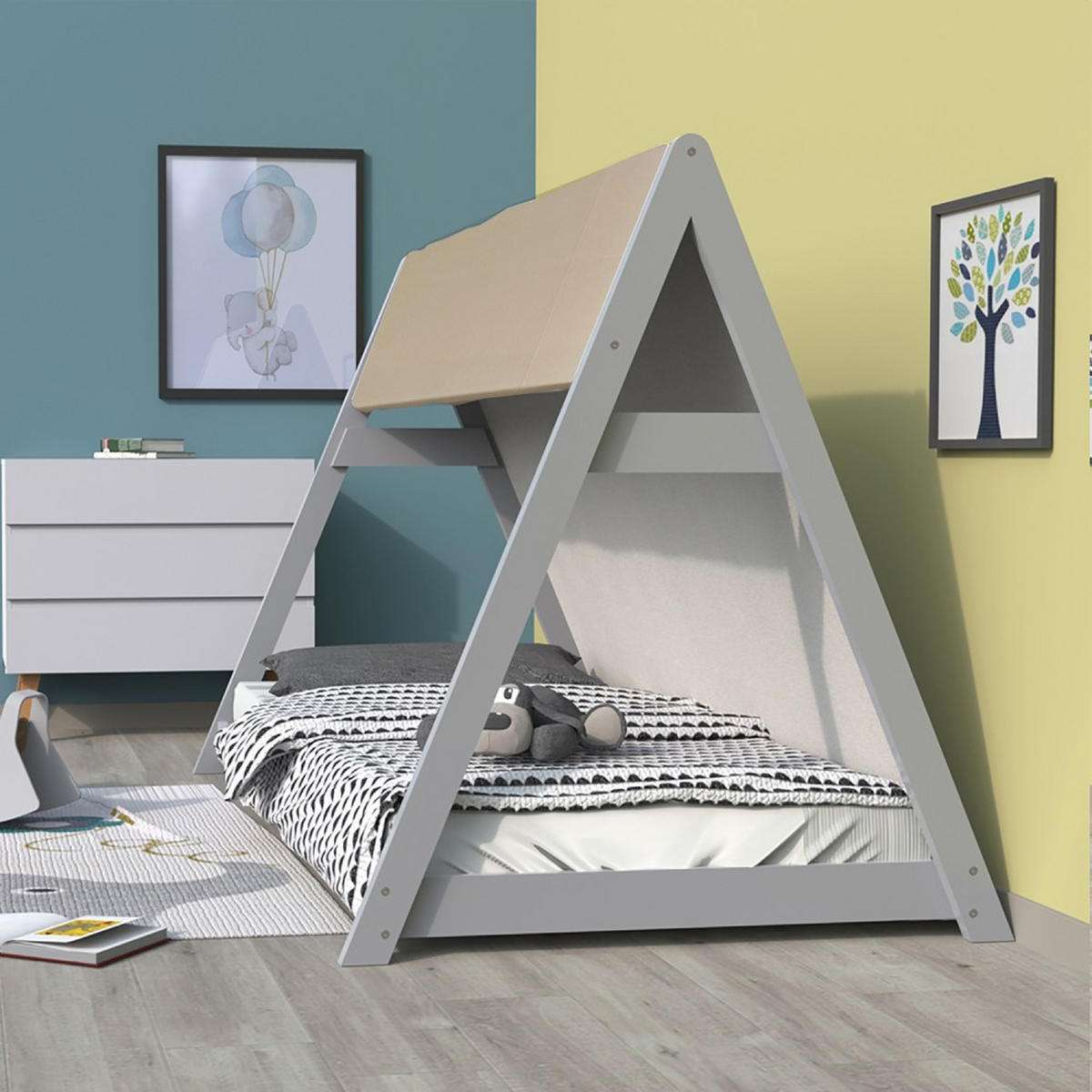 HAUSBETT TIPI mit Stoff und Lattenrost/ Kinderbett 90x190 - Grau - Grau, Holz (90/190cm) - Weber Industries