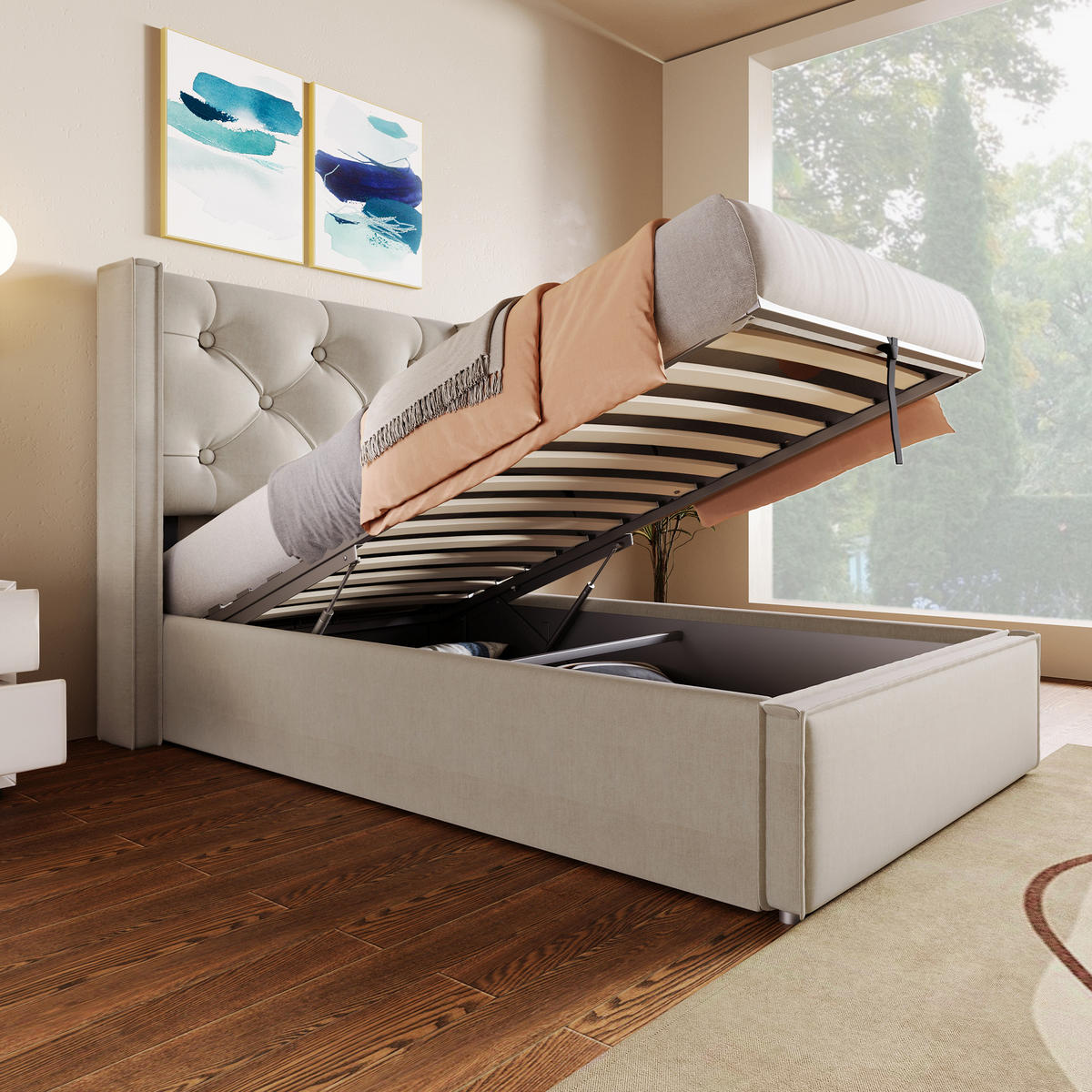 POLSTERBETT 90/200 cm Hellgrau mit Stauraum und Lattenrost aus Metallrahmen - Hellgrau, Textil (90/200cm) - OKWISH