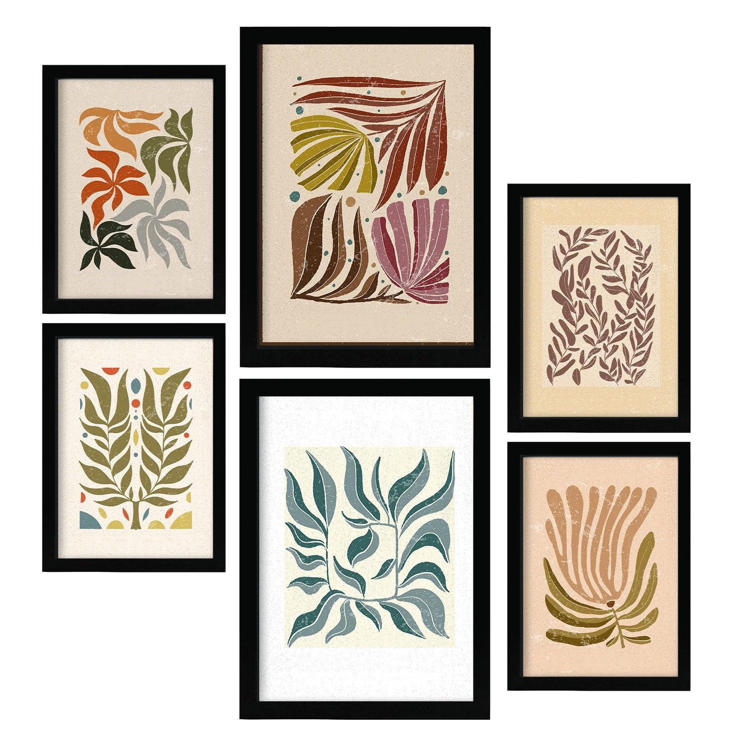 POSTER Set Mit 6 Drucken Von Blättern In Der Sammlung Ethnischer Ästhetische Dekorative Rahmen Für Ihr Zuhause Wandkunstdruck A3 & A4 Schwarzer Rahmen - Schwarz, Papier (29/3cm) - Nacnic