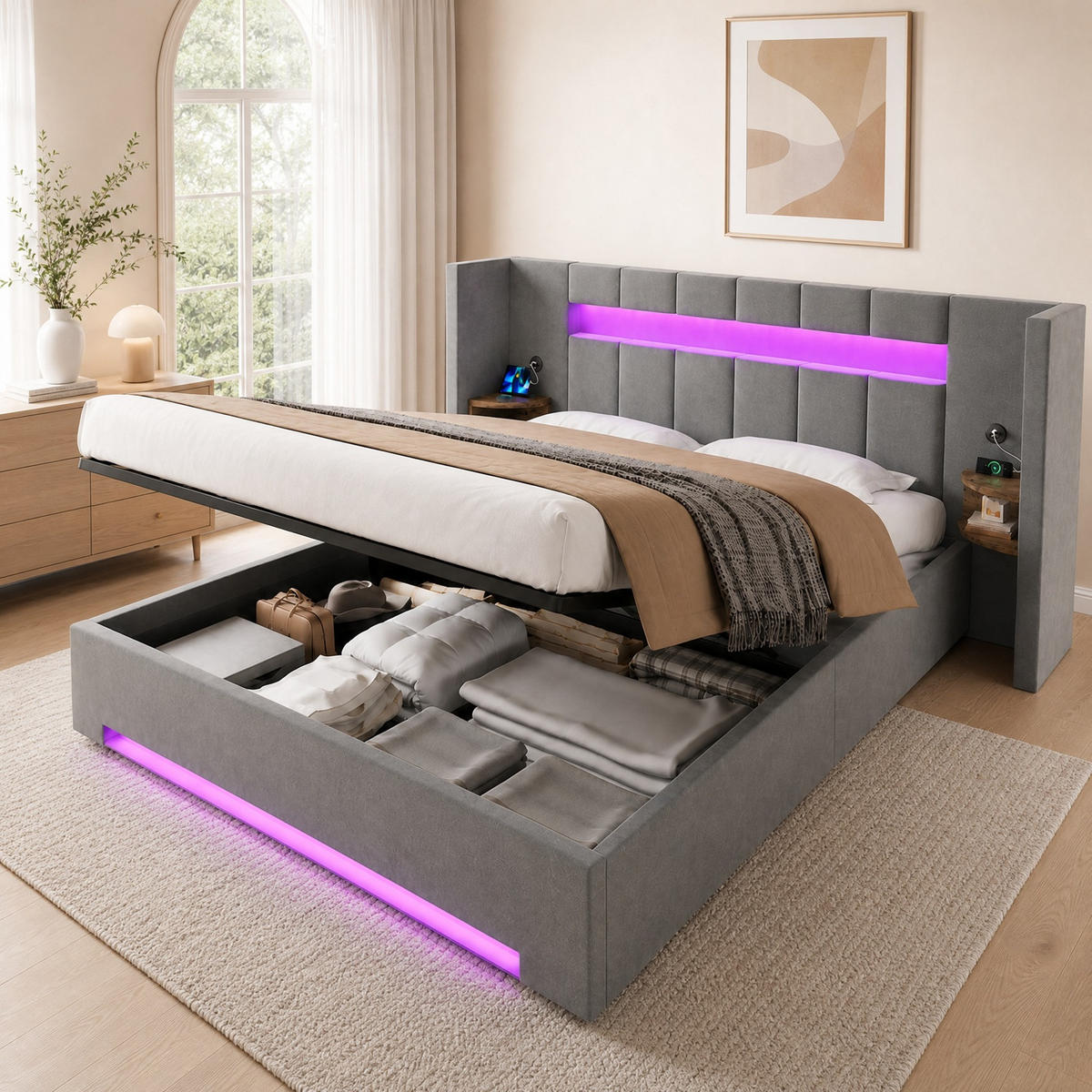 ČALOUNĚNÁ POSTEL 180/200 cm v tmavě šedé barvě se sametem, LED, USB a úložným prostorem - tmavě šedá, kov/kompozitní dřevo (180/200cm) - CHICFURN