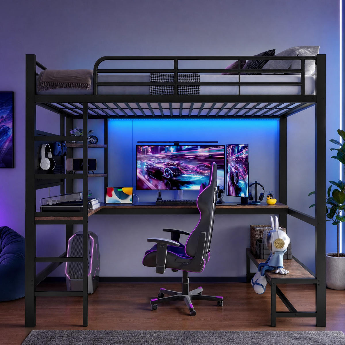 HOCHBETT 90/200 mit LED, Schreibtisch, USB-Type-C und Lochbrett in Schwarz - Schwarz, Holz/Holzwerkstoff (90/200cm) - EVRYAE