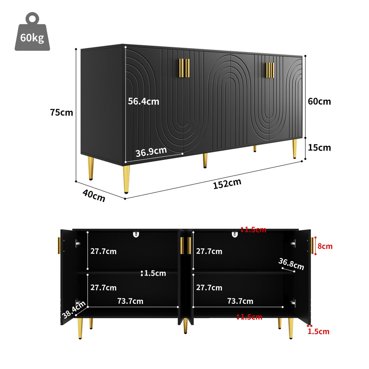 SIDEBOARD mit 3 Türen Schwarz mit Goldenen Akzenten - Schwarz, Holzwerkstoff/Metall (152/75/40cm) - Urban Meuble