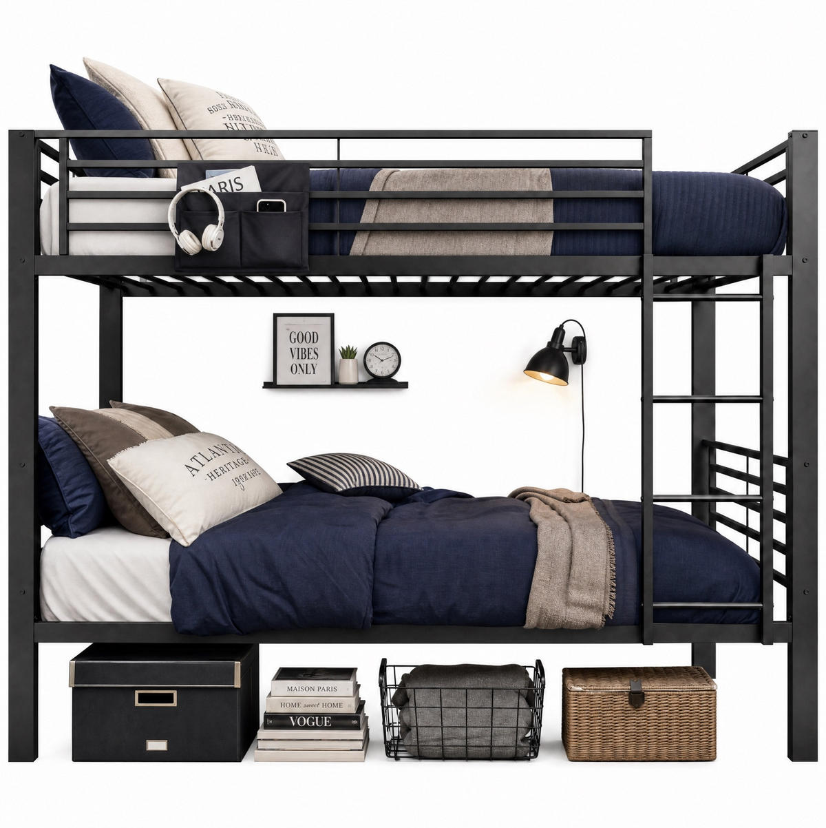 ETAGENBETT aus Metall 90x200 cm Schwarz mit beidseitig montierbarer Leiter - Schwarz, Metall (90/200cm) - Modfu