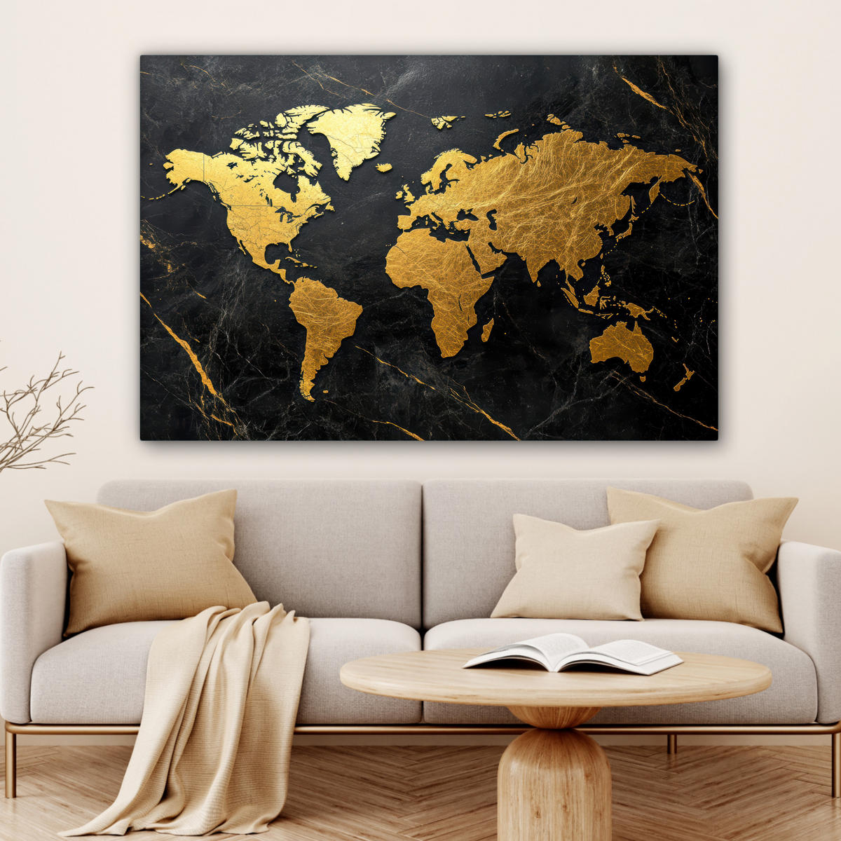 LEINWANDBILD Weltkarte - Gold - Marmor Wohnzimmer 120x80 cm - Goldfarben, Textil (120/80cm) - MuchoWow