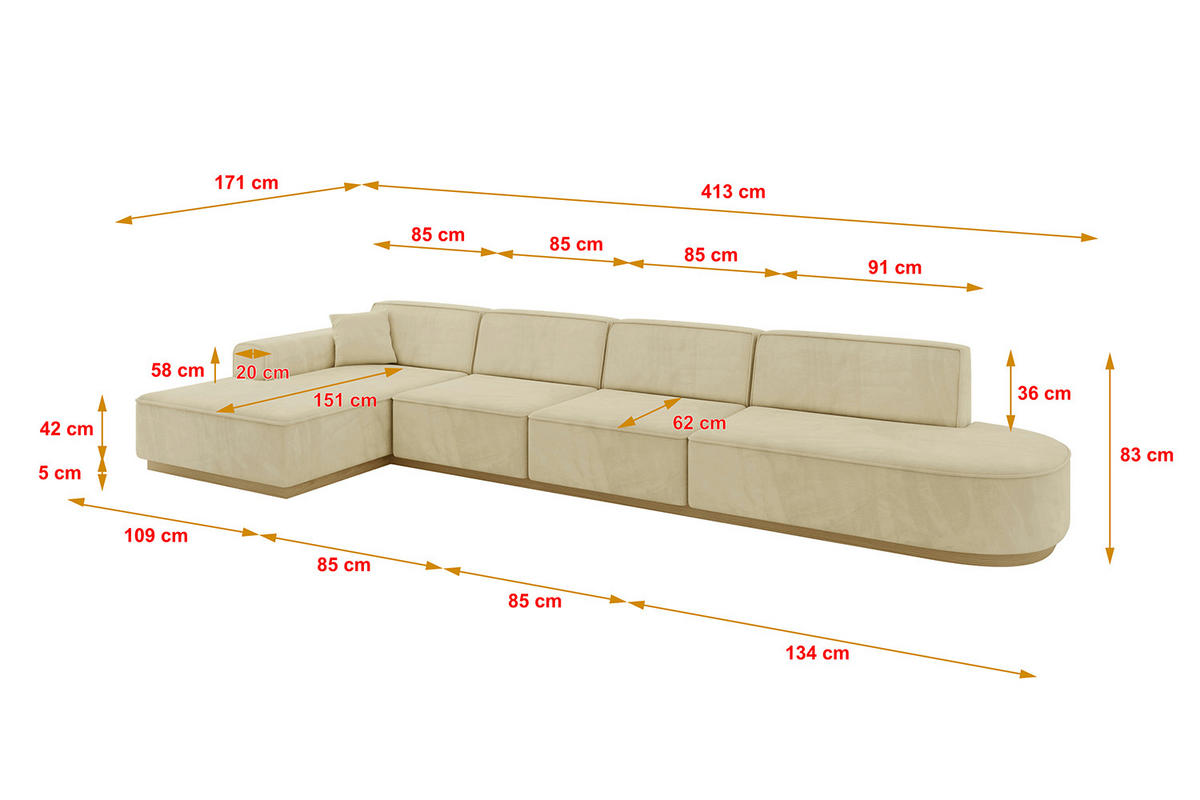 ECKSOFA Ottomane Links IREA-L3-v2 - 413x171x83 cm Beige - Taupe, Holzwerkstoff/Textil (413/171cm) - ALTDECOR