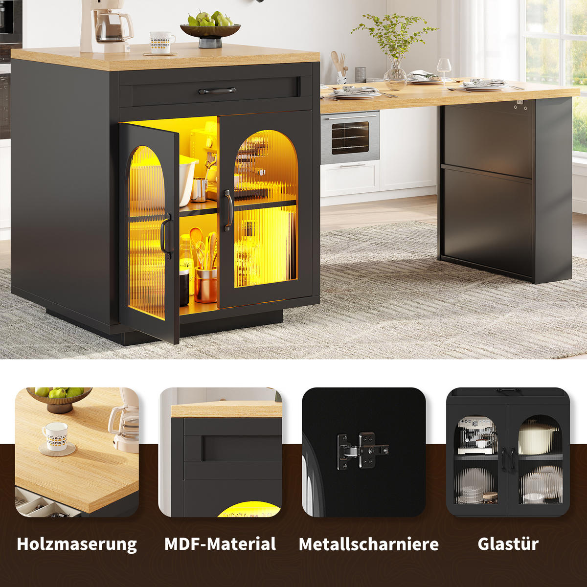 KÜCHENINSEL Ausziehbar LED 2 Schubladen Glastüren MDF - Schwarz, Holzwerkstoff (126/94/59cm) - FLIEKS