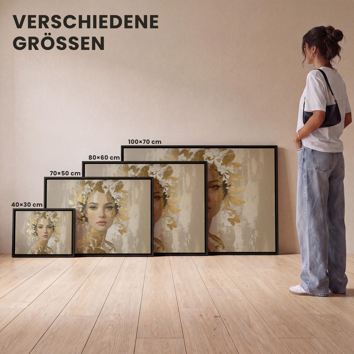 LEINWAND Bilder mit Rahmen - Gesicht - Frau - Blätter - Gold - 100x70 - Beige, Textil (100/70cm) - MuchoWow