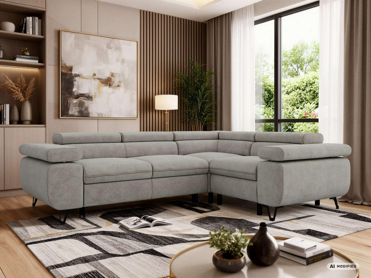 ECKSOFA FALCO L - Hellgrau Stukture - Rechts Seite - Hellgrau/Schwarz, Textil/Metall (268/197cm) - MKS