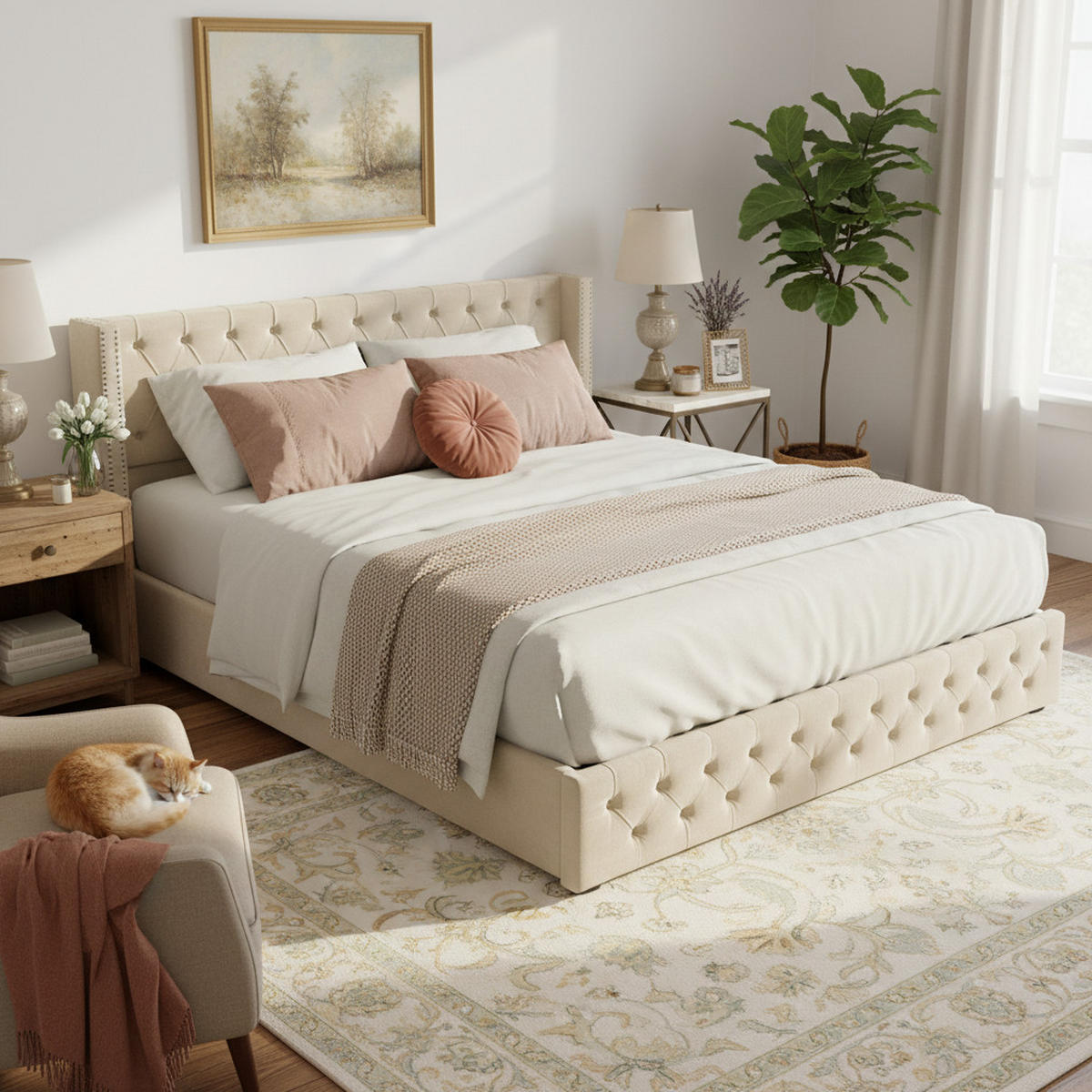 POLSTERBETT 160/200 cm mit hydraulischem Bettkasten, Chesterfield-Kopfteil, Beige - Beige, Textil (160/200cm) - Redom