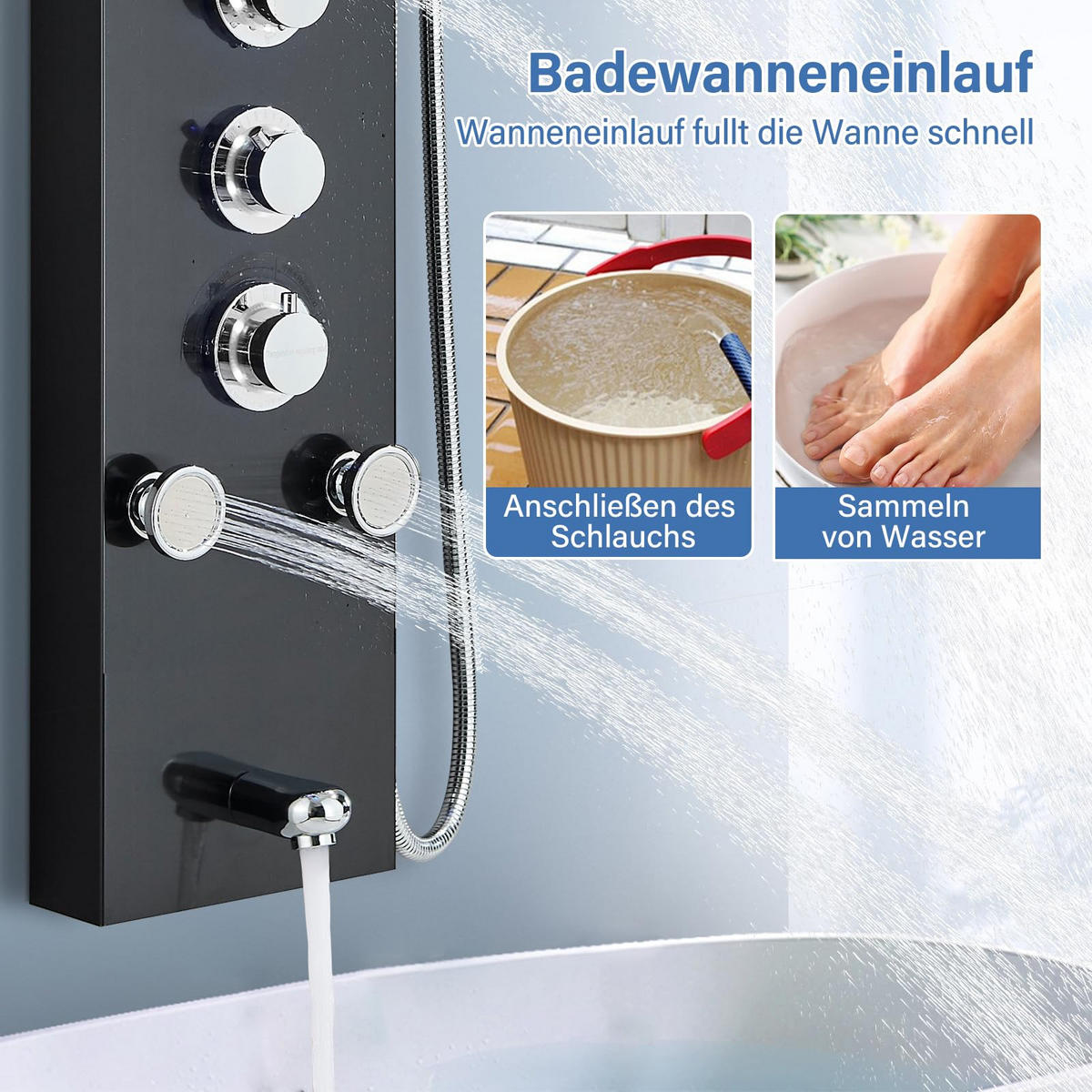 ÜBERKOPFBRAUSESET Edelstahl Hydromassage LED Digitalanzeige Schwarz - Schwarz, Metall (16/121/39cm) - Kaket