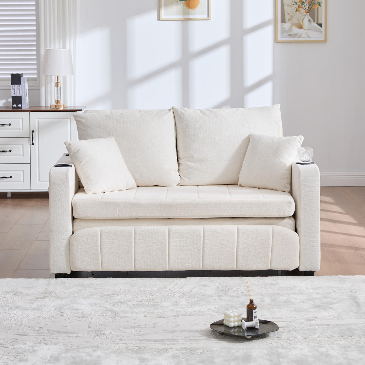 SCHLAFSOFA aus Chenille 139x83x58 cm Beige ausziehbar mit Aufbewahrungstasche und 4 Kissen - Beige, Textil (73/83/139cm) - Modfu