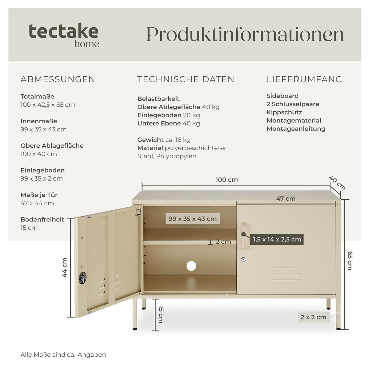 SIDEBOARD Baker, Kippschutz, höhenverstellbare Füße, creme - Creme, Metall (100/65/42.5cm) - tectake