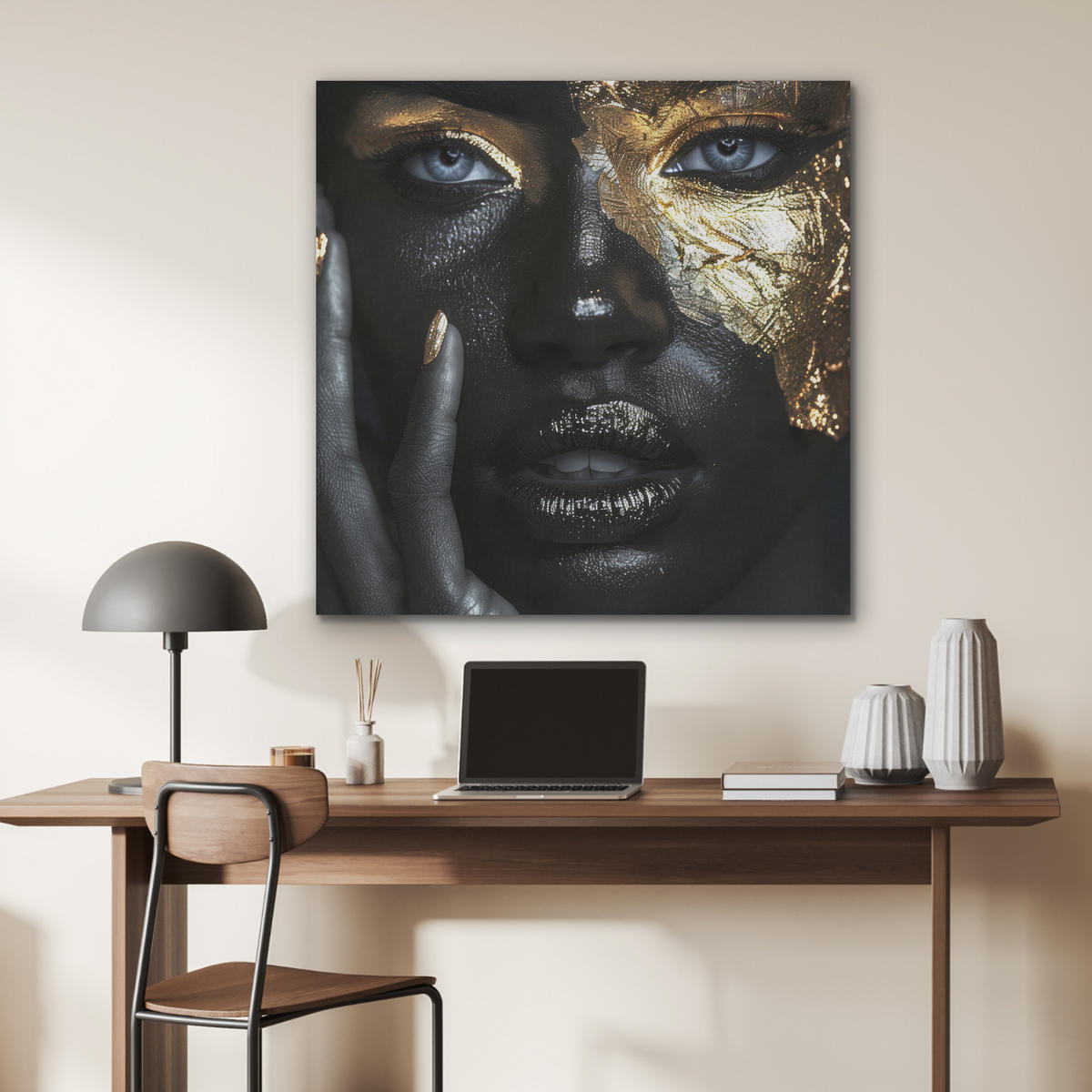 AKUSTIKPANEEL Frau - Gold - Porträt - Schwarz-Weiß - Luxus 90x90 cm - Hellblau, Textil (90/0.9/90cm) - MuchoWow