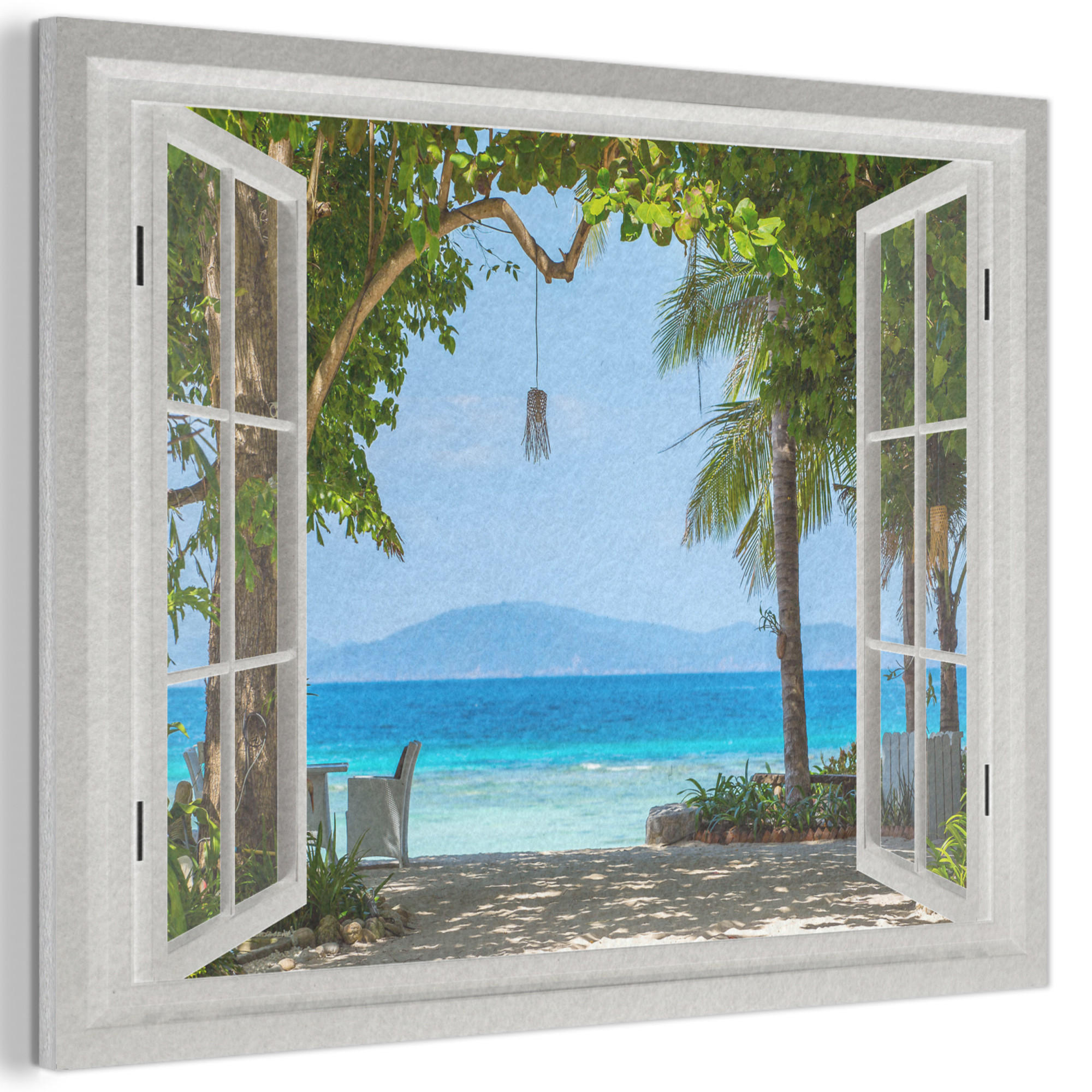 AKUSTIKBILD Aussicht - Baum - Meer - Palme - Hügel - Strand - Blau Gemälde 80x60 cm - Blau, Textil (80/60/0.9cm) - MuchoWow