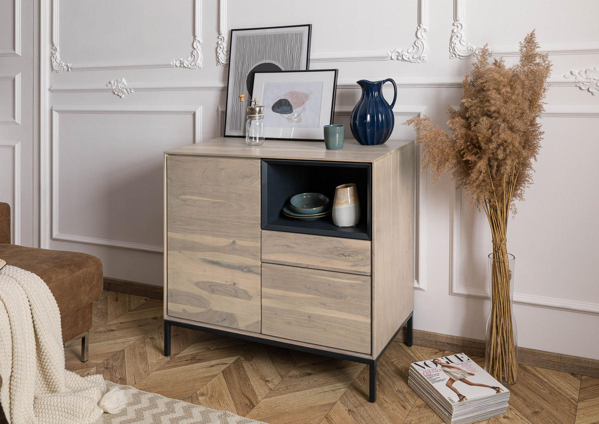 KOMMODE Akazie 90x45x85 grau-weiß geölt CHICAGO #08 - Braun, Holz (90/85/45cm) - Massivmoebel24