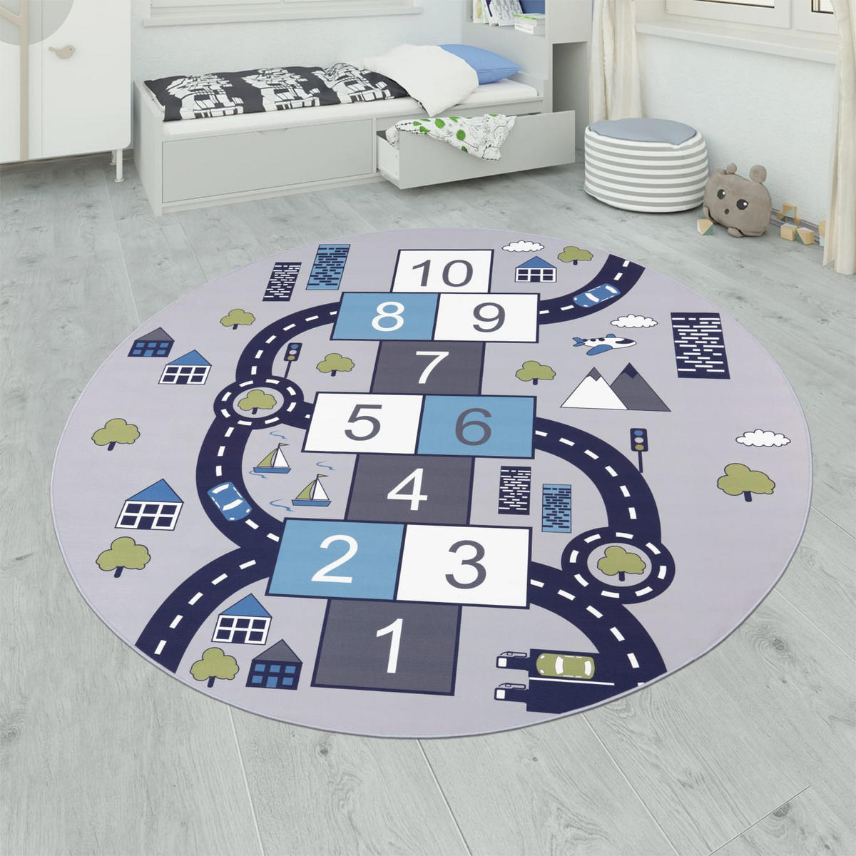 KINDERTEPPICH waschmaschinenwaschbar Zahlen‑Hüpfkästchen‑Muster Kinderzimmer schmutzabweisend Grau Rund 160D - Grau, Textil (160/160cm) - KADIMA DESIGN