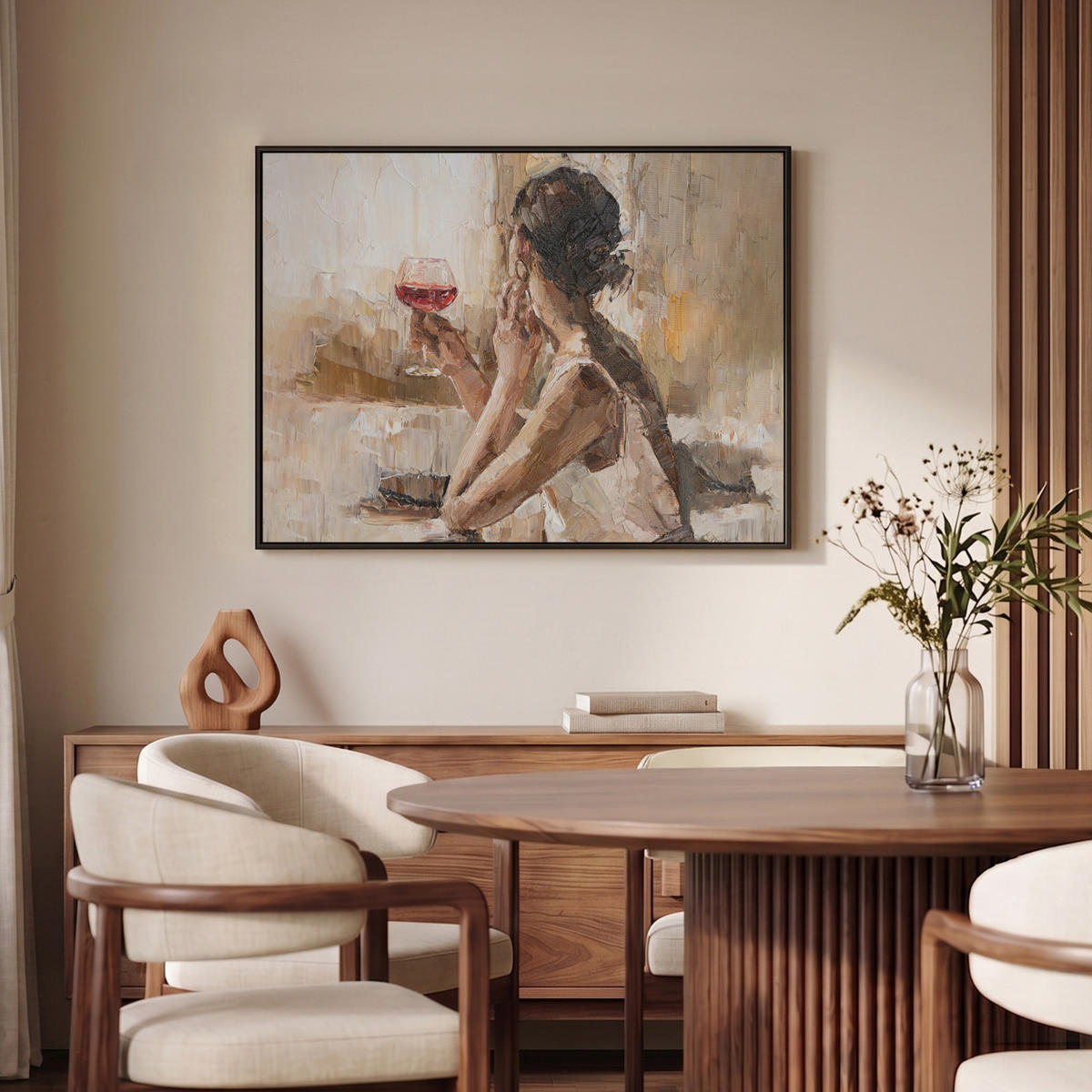 LEINWAND Bilder mit Rahmen - Ölgemälde - Frau - Wein - 100x70 - Hellbraun, Textil (100/70cm) - MuchoWow