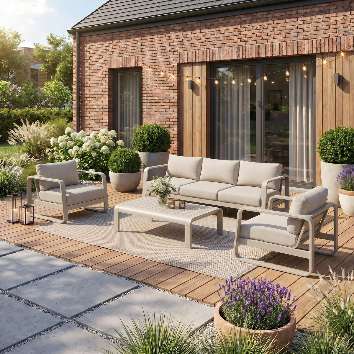 GARTENSET Selene mit Sofas Sessel und Kaffeetisch, für 5 Personen, Metallbeine, Beige - Beige, Metall - Beautysofa